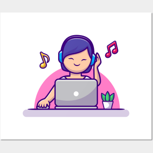 Girl Listening Music With Headphone And Laptop Posters and Art